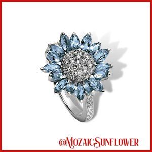Blue and White Topaz Daisy Heritage Silver Detail Band Ring